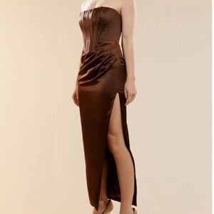 BARDOT Everlasting Corset Strapless Satin Gown in Chocolate